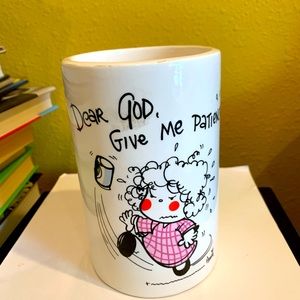 Dear God Lids Enesco 1982 Ceramic Vase,Pen or Utensil Holder”Give Me Patience”